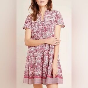 Anthropologie Georgina Tiered Shirtdress Size L Floral Print Cranberry Boho